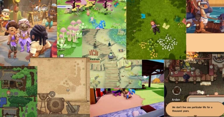 A collage of various scenes from cozy, cartoon-style video games, featuring characters, landscapes, maps, buildings, and dialogue boxes.