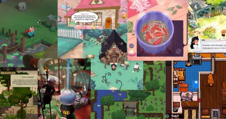 A collage of various cozy video game scenes, including gardens, kitchens, cooking, magic, and pixel art characters in domestic and outdoor settings.