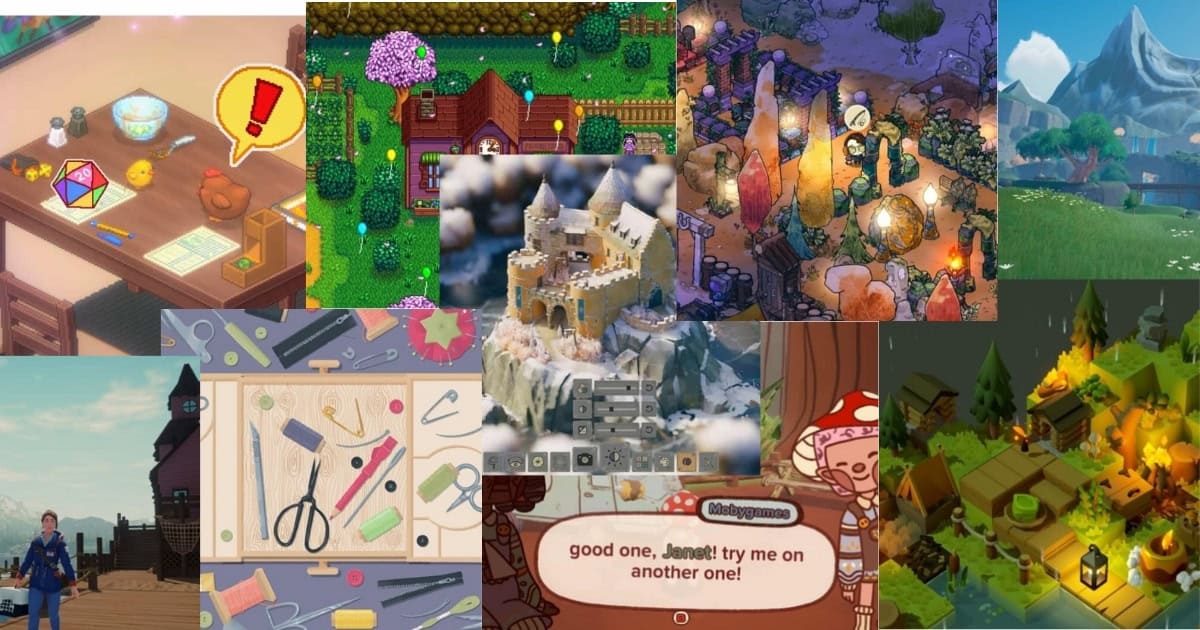 A collage of various video game scenes, featuring crafting tables, outdoor landscapes, castles, villages, and an on-screen message reading, "good one, Jenny! try me on another one!.