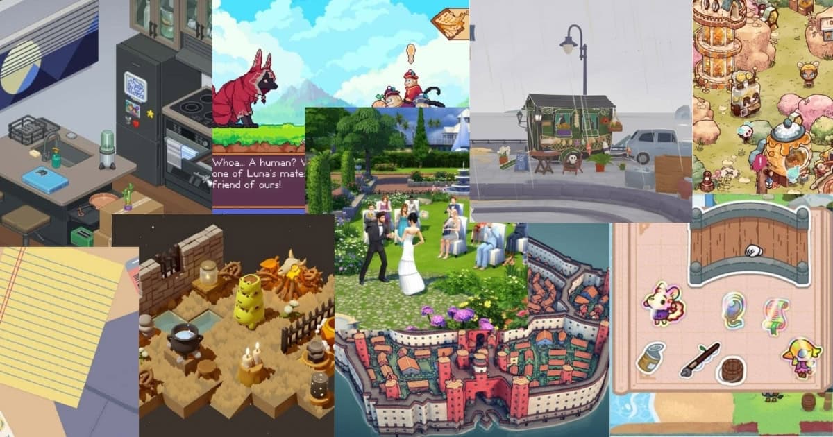 A collage of various cozy video game scenes, including kitchens, markets, weddings, animals, and fantasy villages, displayed in different art styles.
