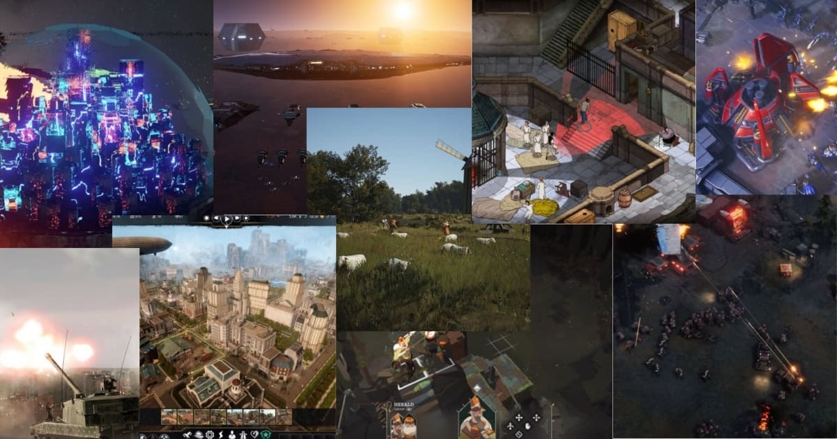 A collage of various video game scenes, including futuristic cities, space, military combat, pastoral landscapes with sheep, and strategy game interfaces.
