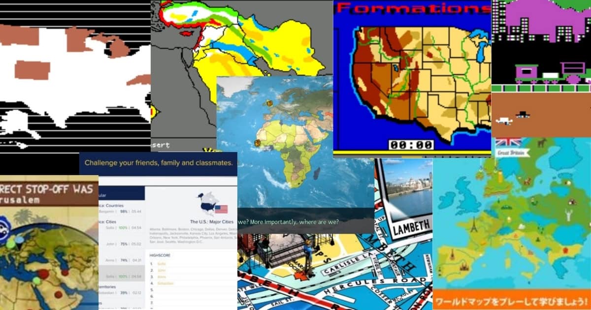 A collage of digital and pixelated maps showing various regions, map interfaces, game elements, and locations in different styles and languages.