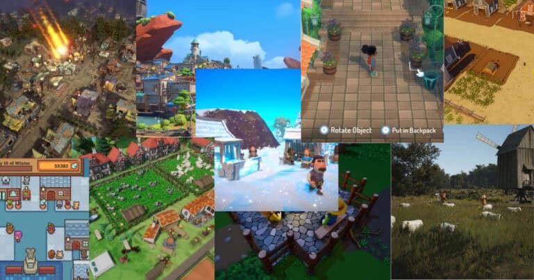 Collage of various farming and simulation video games featuring different art styles, including rural landscapes, farms, animals, buildings, and in-game characters.