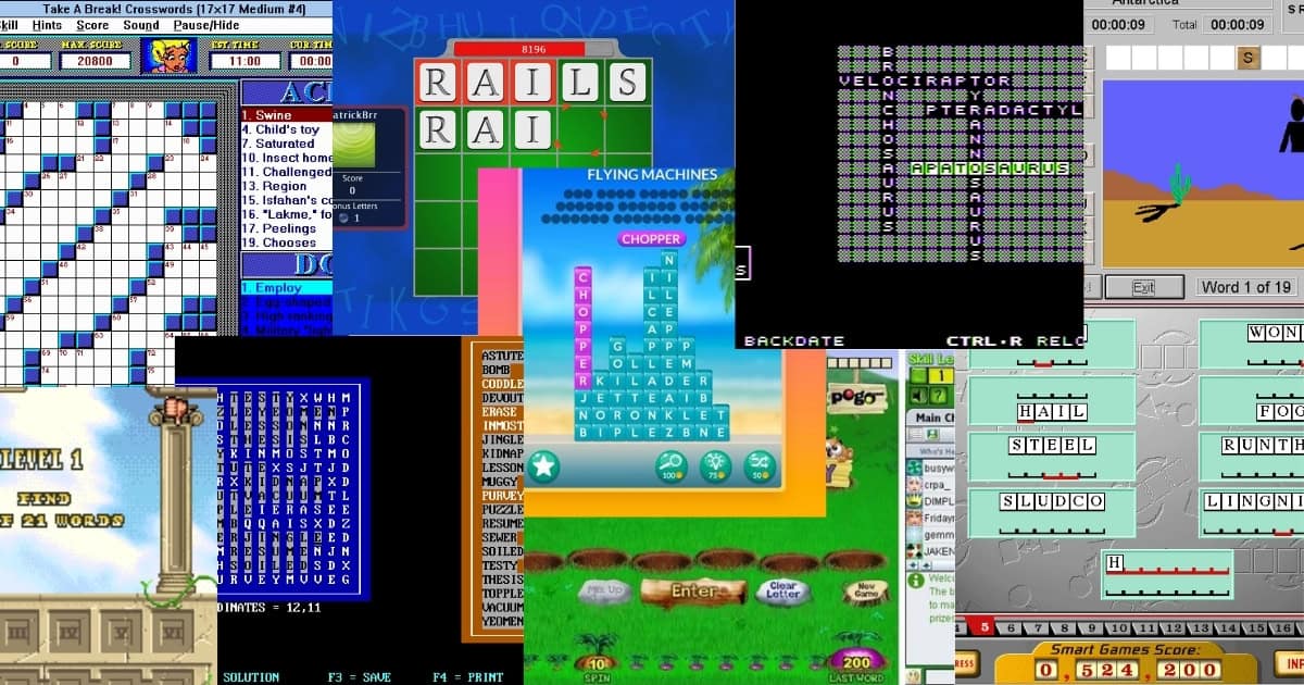 A collage of various word and puzzle games displayed on computer screens, featuring grids, letters, scoreboards, and different game interfaces.