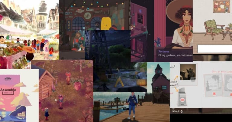 A collage of various cozy video game scenes featuring characters, outdoor environments, interiors, and illustrated interface elements.