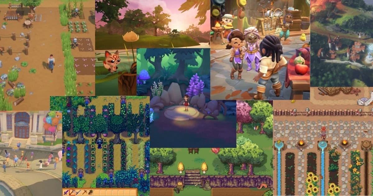 Collage of colorful farming and village scenes from various simulation video games, showing crops, characters, animals, and markets in different artistic styles.