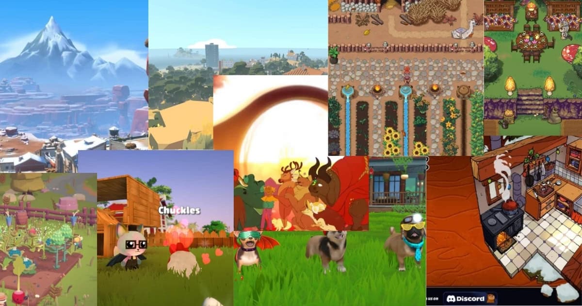A collage of screenshots from various video games, featuring landscapes, animals, cartoon characters, farm scenes, and user interface elements.