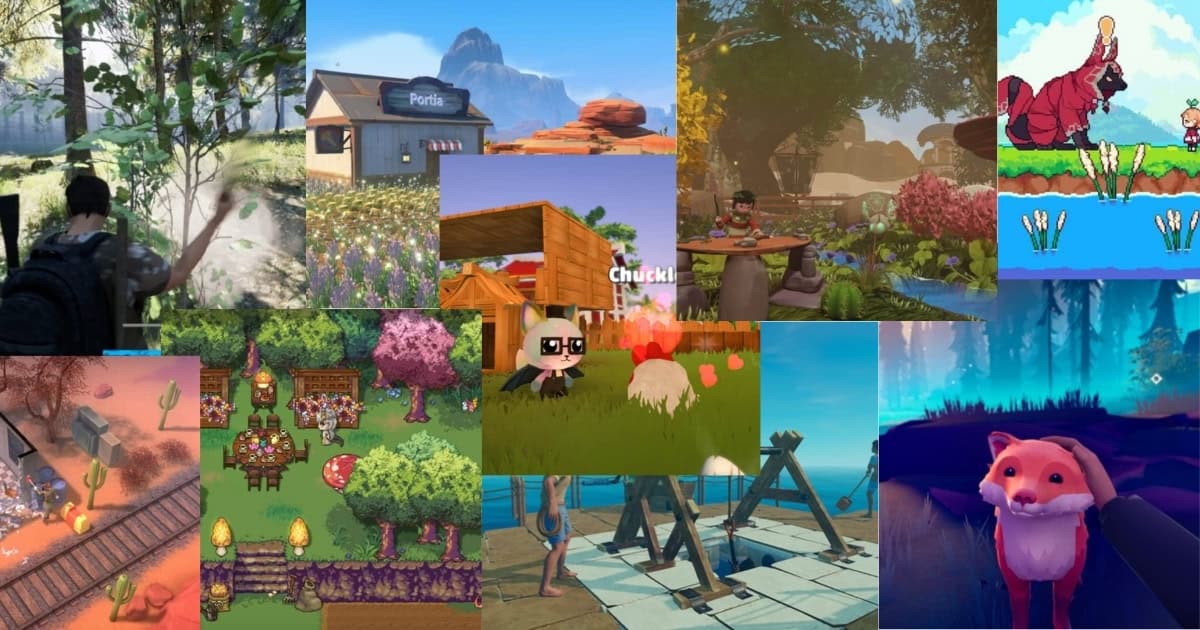 A collage of various video games, showing diverse environments and characters including animals, nature scenes, buildings, and pixel art graphics.
