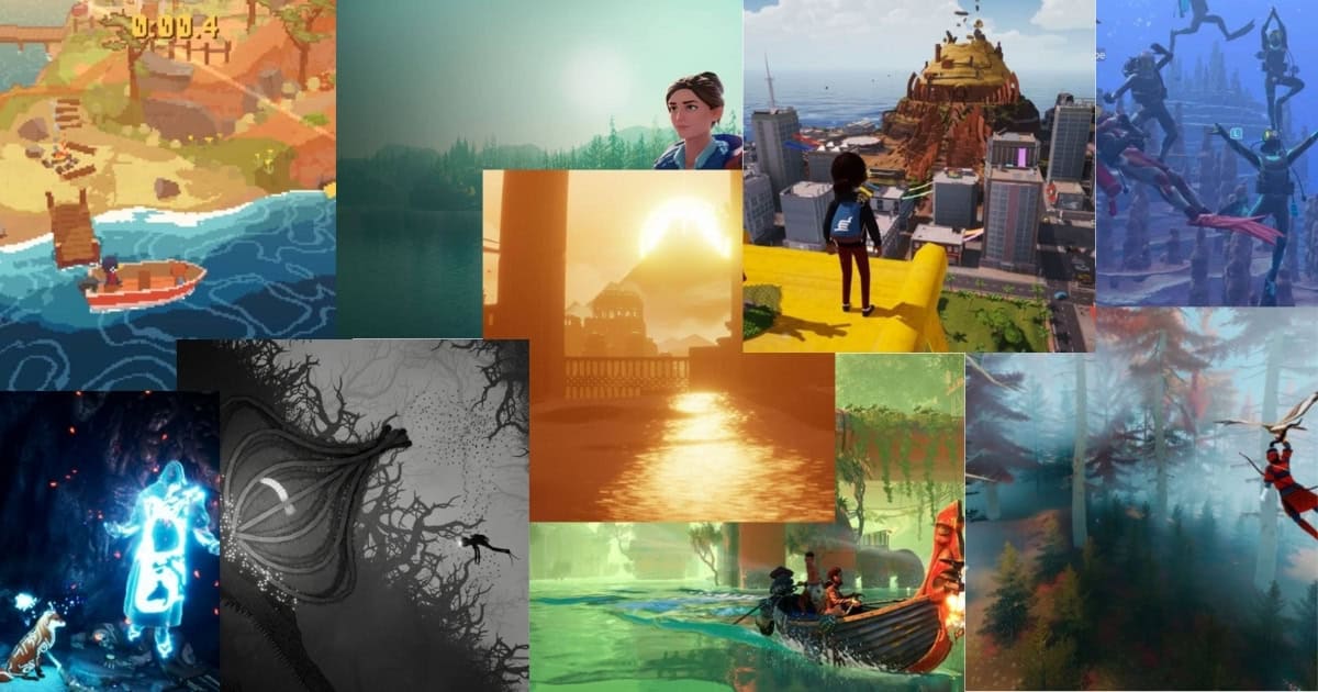 A collage of various video game scenes featuring characters, landscapes, and different artistic styles, including pixel art, animation, and realistic graphics.