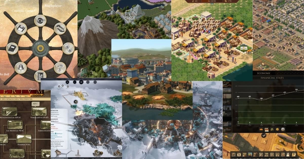 A collage of city-building video game screenshots featuring maps, resource menus, financial stats, and various urban and rural layouts.