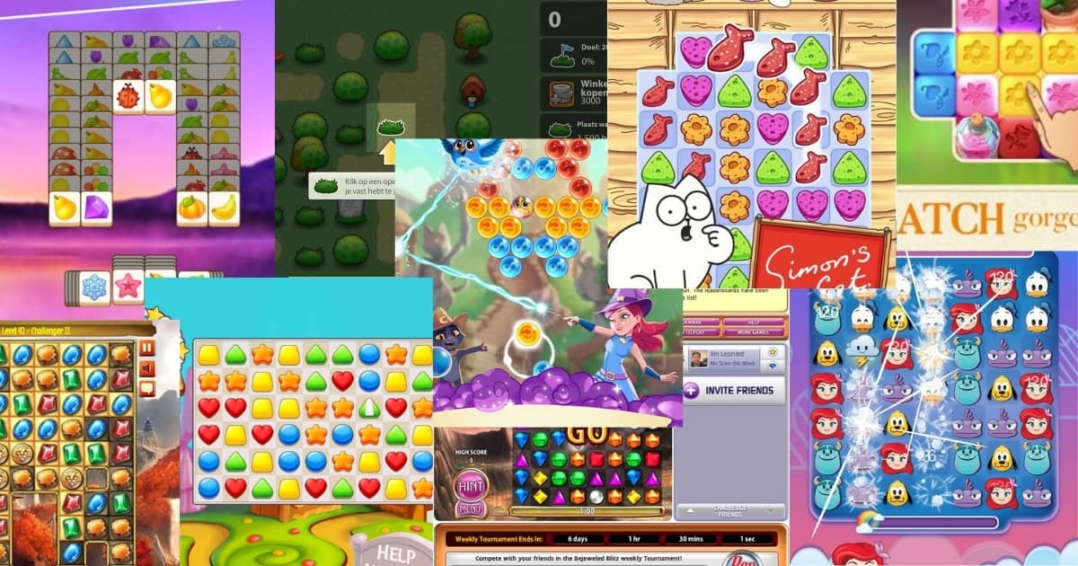 A collage of various match-3 puzzle game screenshots featuring colorful tiles, fruits, characters, and score displays.