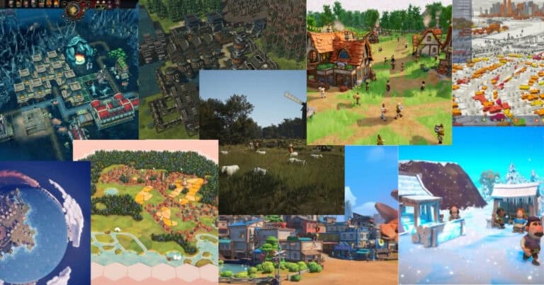Collage of ten screenshots from various city-building and simulation video games, depicting diverse environments such as forests, towns, snowy villages, and farms with different art styles.