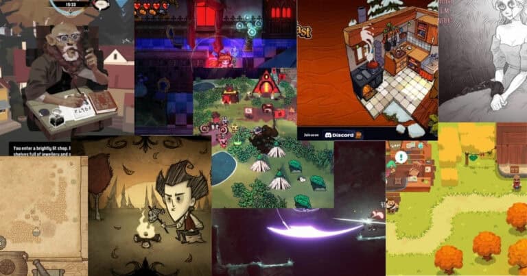 A collage of various indie video game screenshots, featuring different art styles, characters, maps, and game environments.