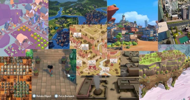A collage of various video game environments, featuring farm fields, cityscapes, fantasy landscapes, town maps, and market areas from different perspectives and art styles.