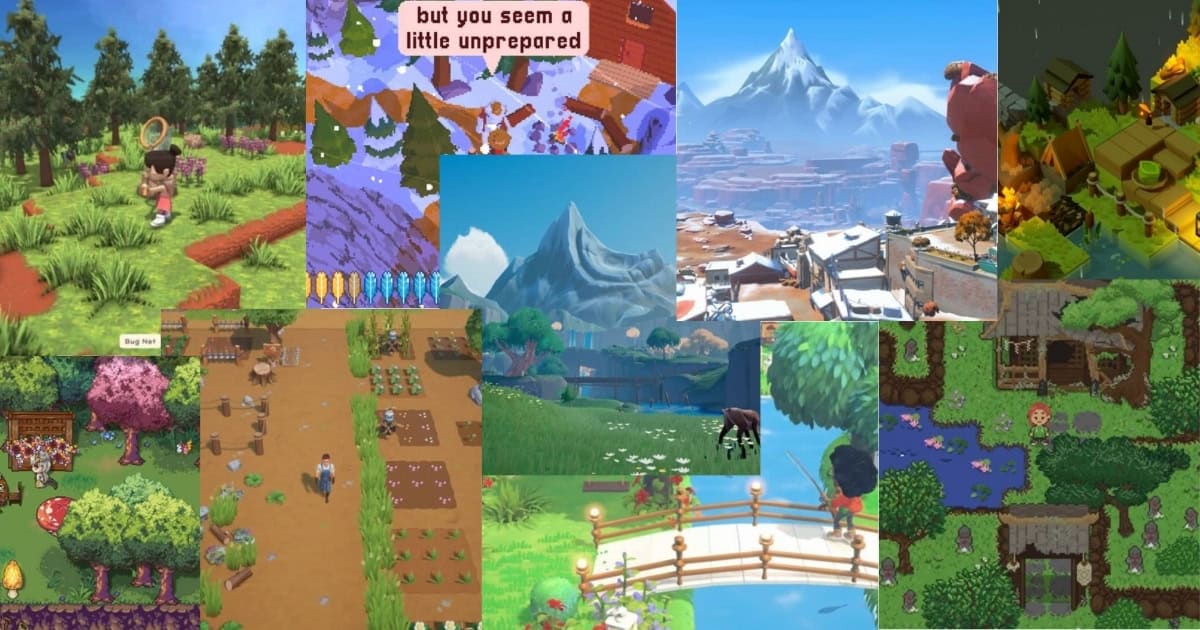 A collage of various video game landscapes featuring mountains, forests, farms, towns, rivers, and animated characters in colorful, stylized graphics.