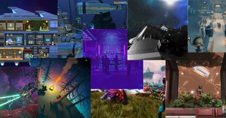 A collage of various sci-fi video game scenes, including space stations, submarines, futuristic interiors, alien landscapes, and characters exploring different environments.