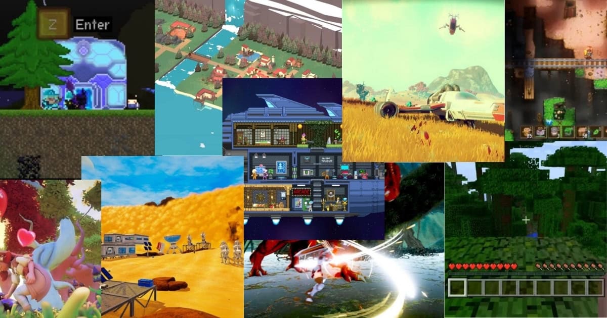 A collage of various pixel art and 3D video game scenes, including space, city, forest, desert, fighting, farming, and exploration environments.