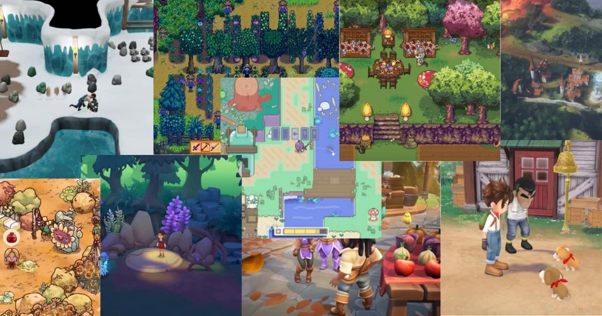 A collage of various farming and life simulation video games featuring different landscapes, characters, and activities such as farming, fishing, gathering, and interacting with animals.