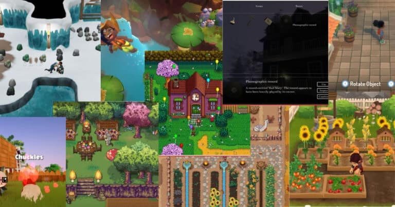 A collage of various farming and life simulation video game scenes featuring characters, crops, animals, houses, fishing, and inventory screens.