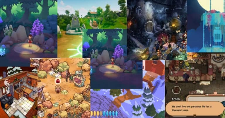 A collage of various video game scenes featuring colorful landscapes, forests, winter settings, interiors, and dialogue text boxes.