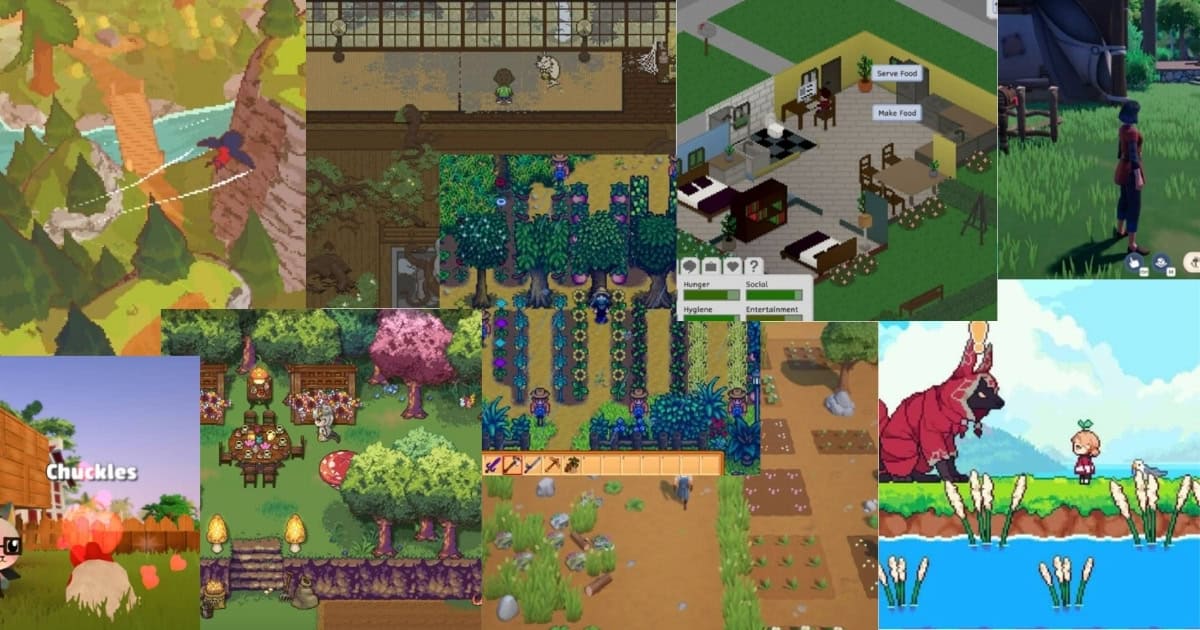 Collage of various pixel art farming simulation video game scenes, showing characters, crops, buildings, animals, and interface menus in different colorful environments.