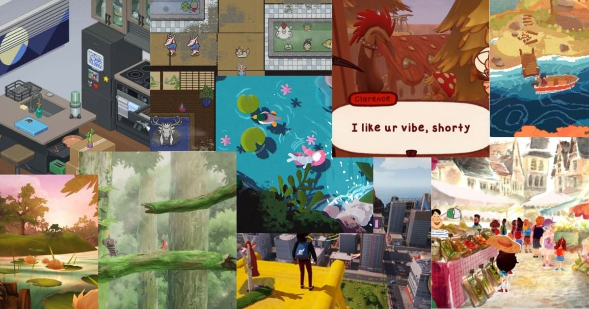 A collage of various video game scenes featuring different art styles, including nature, cityscapes, markets, interior rooms, and cartoon characters.