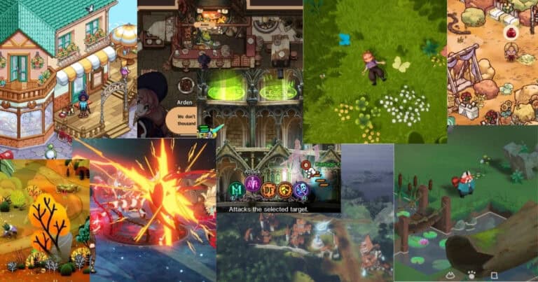 A collage of colorful RPG video game scenes, featuring characters, battles, potions, and various fantasy landscapes in both indoor and outdoor settings.