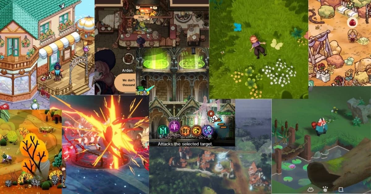 A collage of colorful RPG video game scenes, featuring characters, battles, potions, and various fantasy landscapes in both indoor and outdoor settings.
