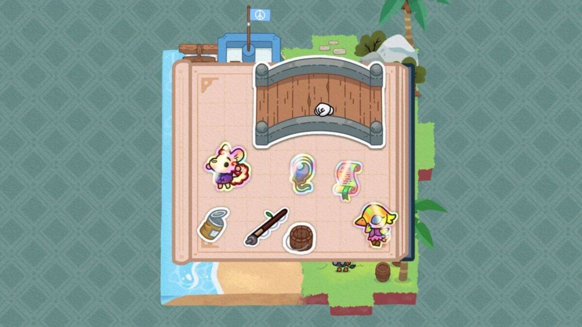 A digital game interface shows a small island with two animal characters, a bridge, a dock, and various colorful items placed on a grid.