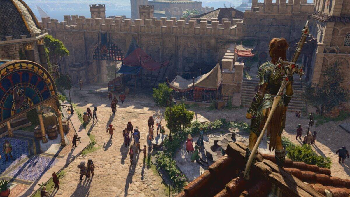 A figure in armor stands on a rooftop overlooking a busy medieval-style marketplace with people walking and tents set up, surrounded by stone buildings and castle walls.