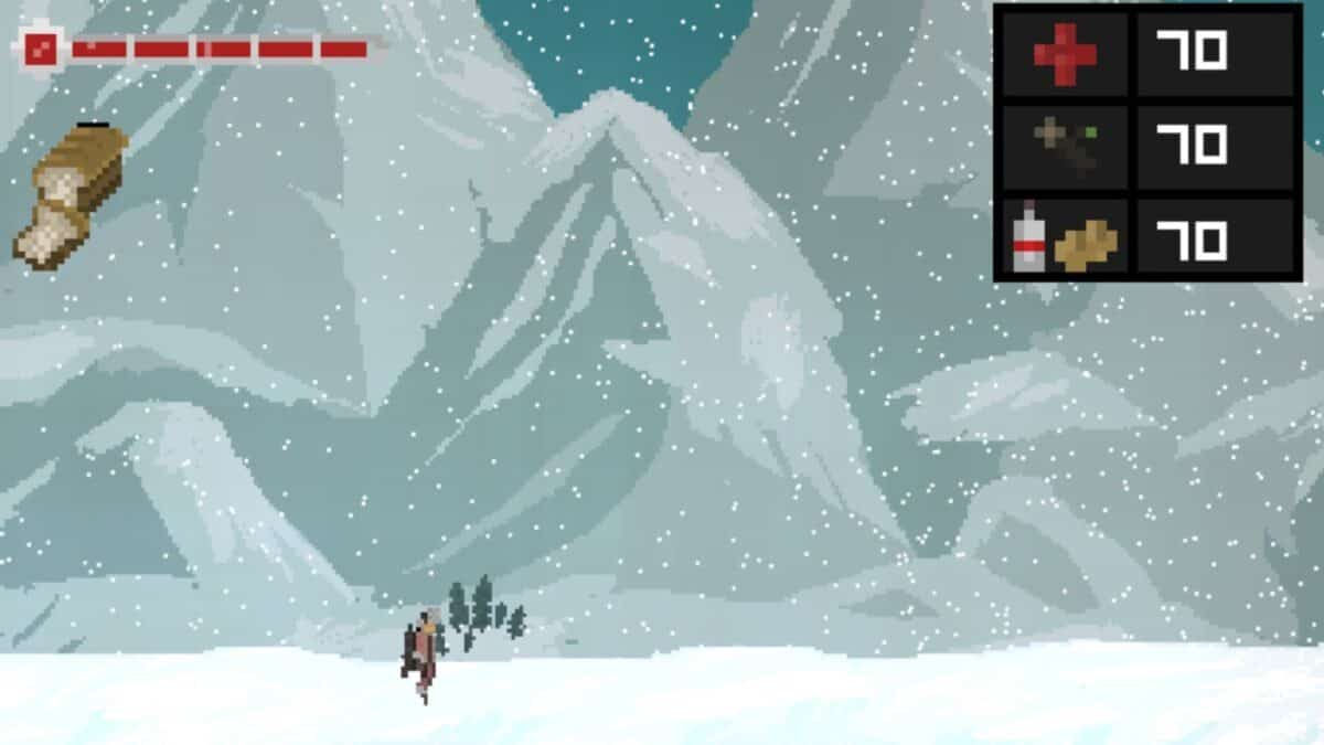 Pixel art scene of a lone character walking in a snowy mountain landscape, with health and inventory stats displayed in the top right corner.