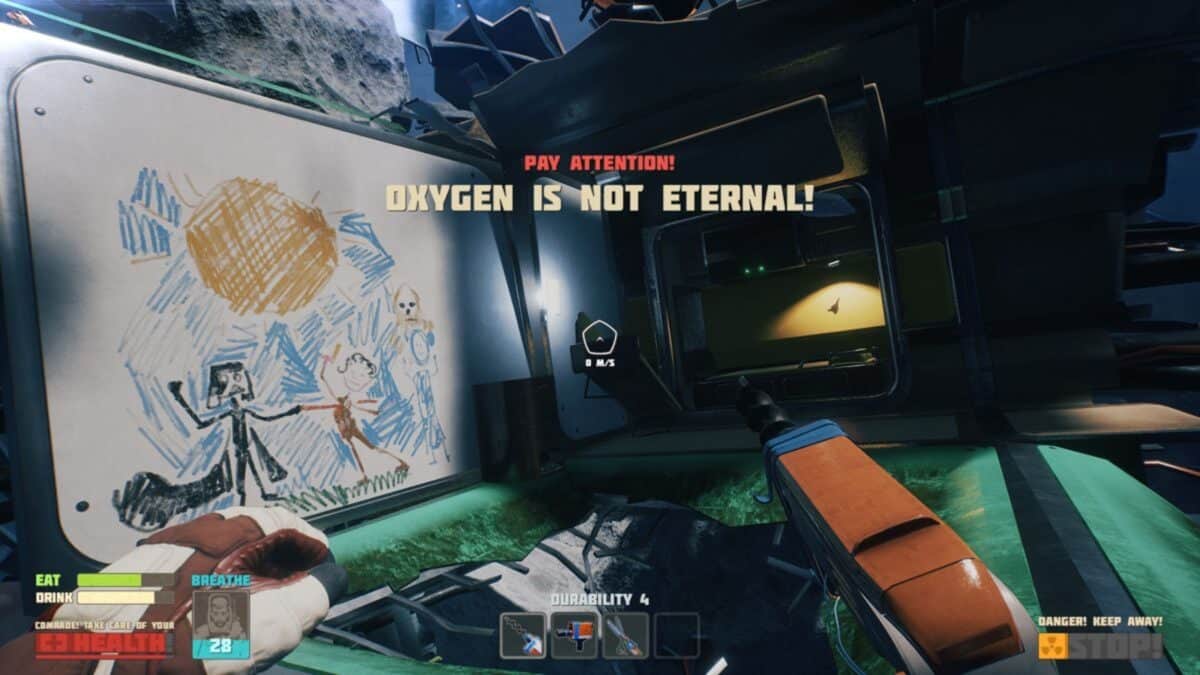 A first-person view in a sci-fi game shows a warning "OXYGEN IS NOT ETERNAL!" above a child’s drawing taped to a wall; game HUD elements are visible on screen.