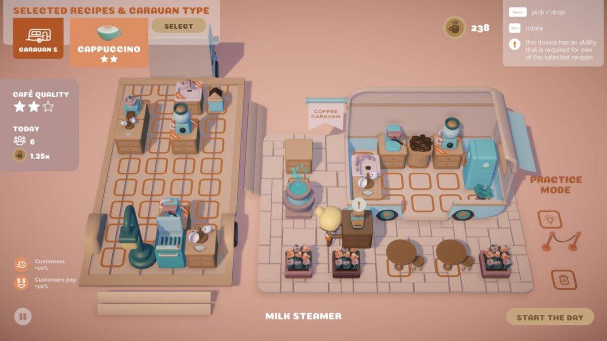 A coffee shop game interface shows two caravans equipped with machines and furniture, recipe selection, customer info, and a “Start the Day” button.