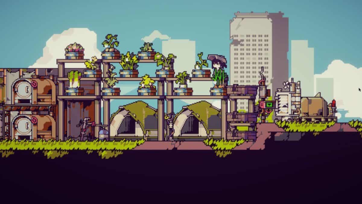 Pixel art scene showing a futuristic rooftop garden with plants, tents, machinery, and a cityscape background with a tall building and blue sky.