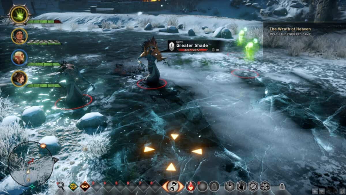 Three characters battle an enemy called Greater Shade on a frozen pond in a snowy environment, with game interface elements and quest objective visible on screen.