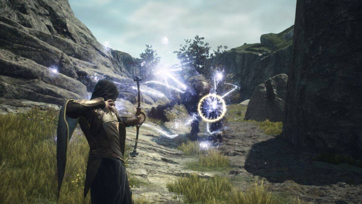 A hooded character draws a bow and aims at a large, glowing creature surrounded by magical energy on a rocky outdoor path.