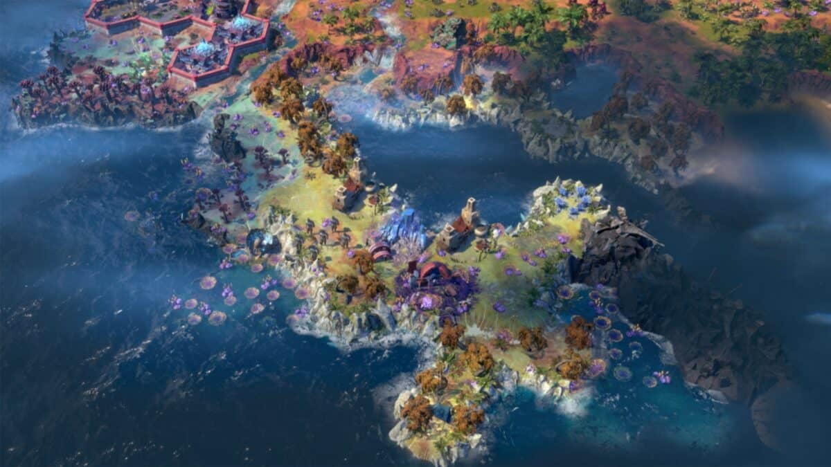 A colorful, top-down view of a fantasy landscape with lush vegetation, rocky shores, and scattered buildings surrounded by water.