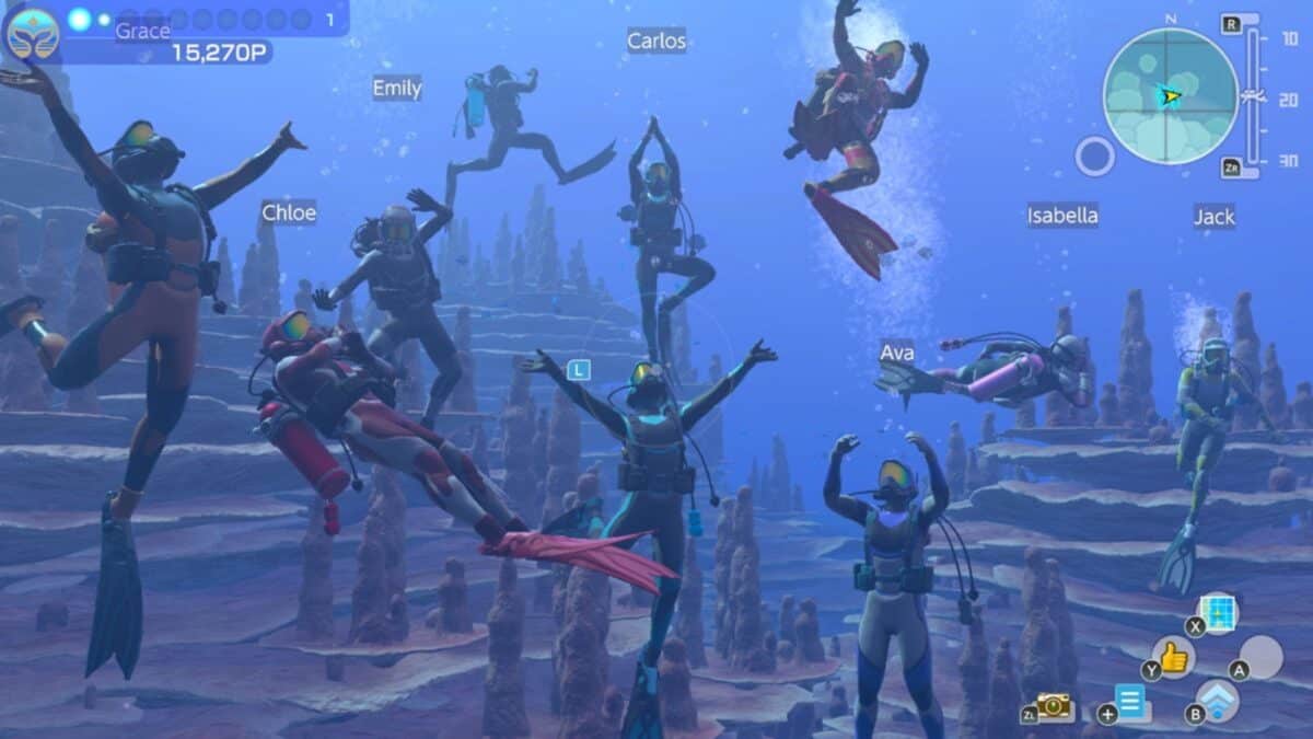 A group of divers pose underwater among rock formations, with character names and scores displayed in a video game interface.