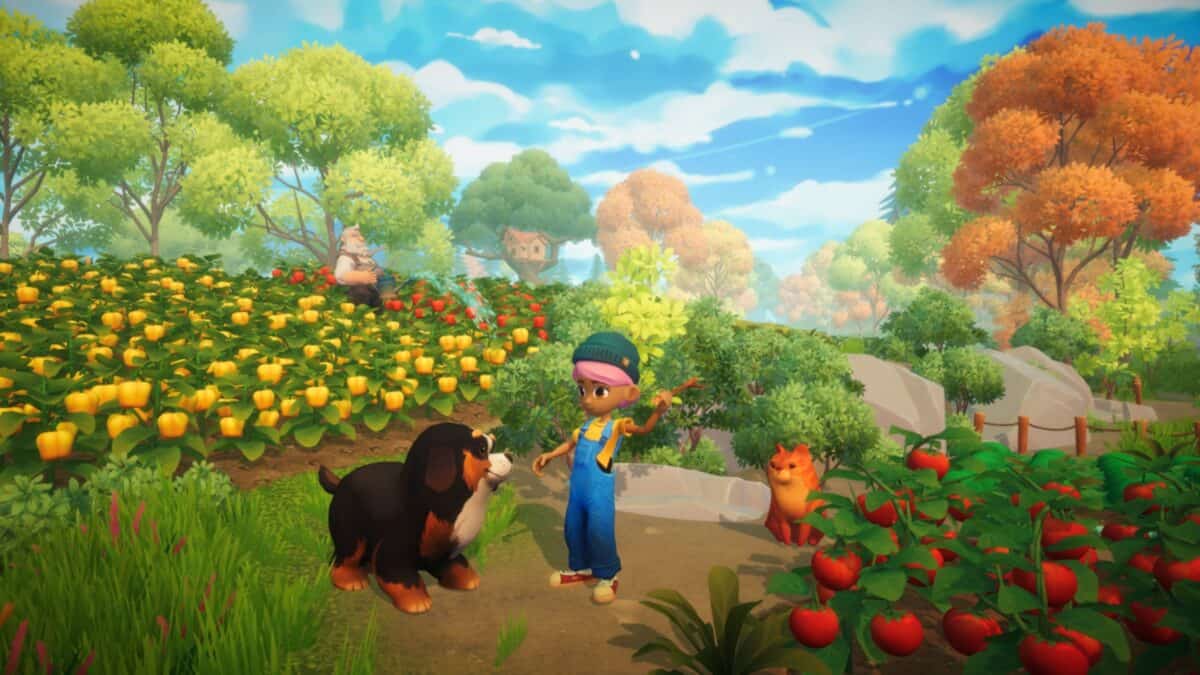 A cartoon character stands on a garden path surrounded by flowers and vegetables, interacting with a large dog, with a small fox nearby and trees in the background.