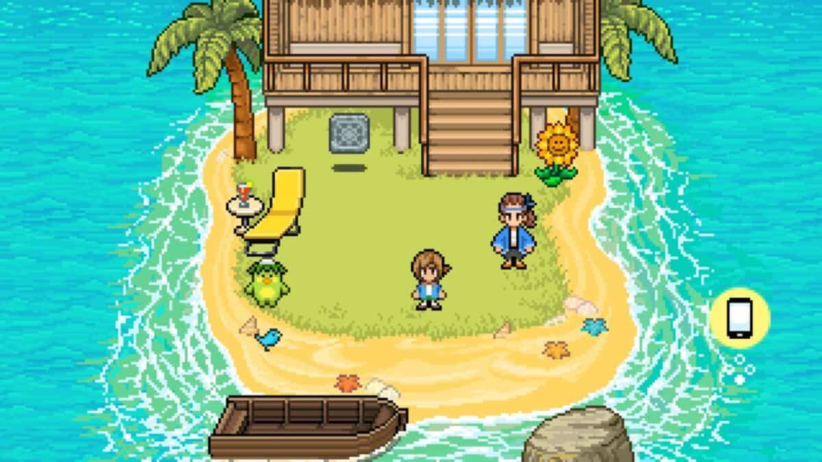 Pixel art scene of a small island with a wooden house, docked boat, two people, two fantasy creatures, a lounge chair, and palm trees by the water’s edge.