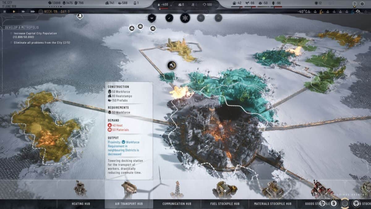 A snowy city-building game interface shows resources, structures, and menus, with a highlighted construction option for a workforce hub at the center of the screen.