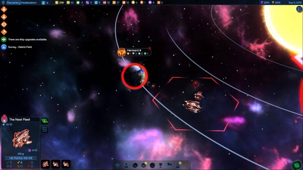A space strategy game interface showing a fleet near a planet called “Mericant II” with various ships, menus, and resource icons displayed.