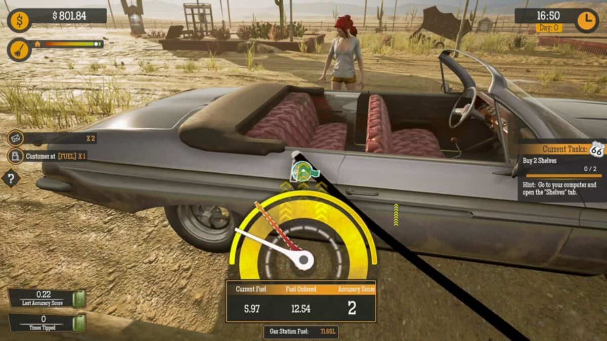 A video game interface shows a vintage convertible being refueled at a gas station in a desert setting, with a female character in the background and various stats displayed on screen.