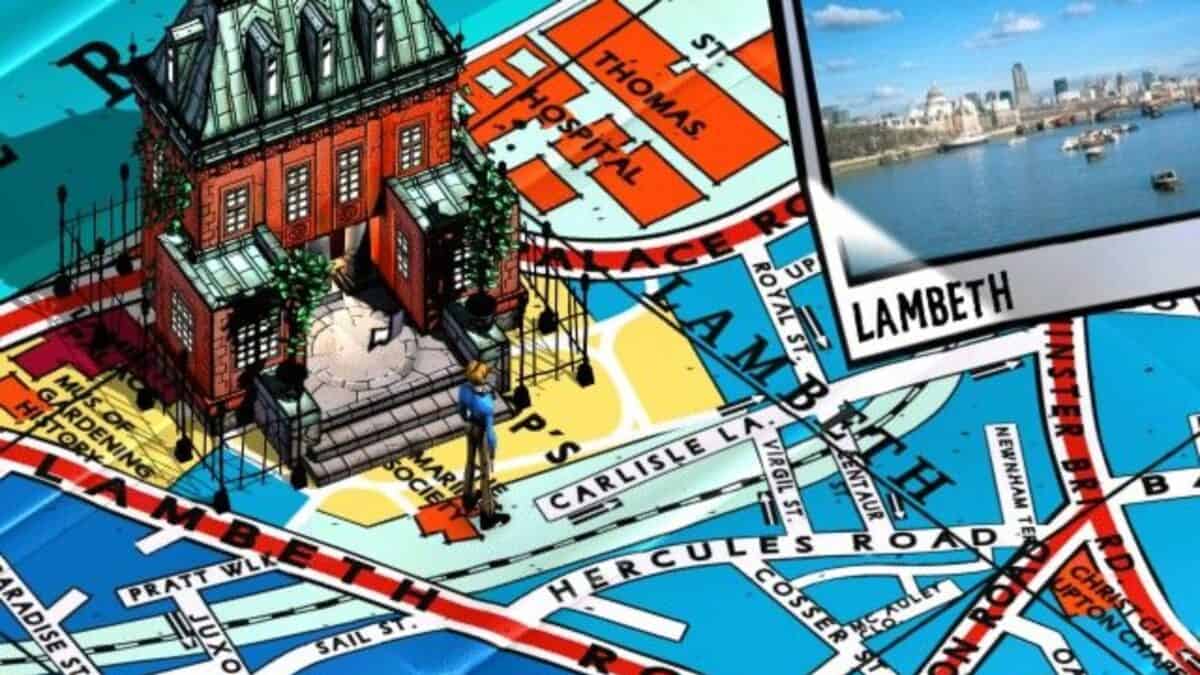 Illustrated map of Lambeth, London, featuring a building, street names, and a postcard-style photo of the river and cityscape labeled "Lambeth.