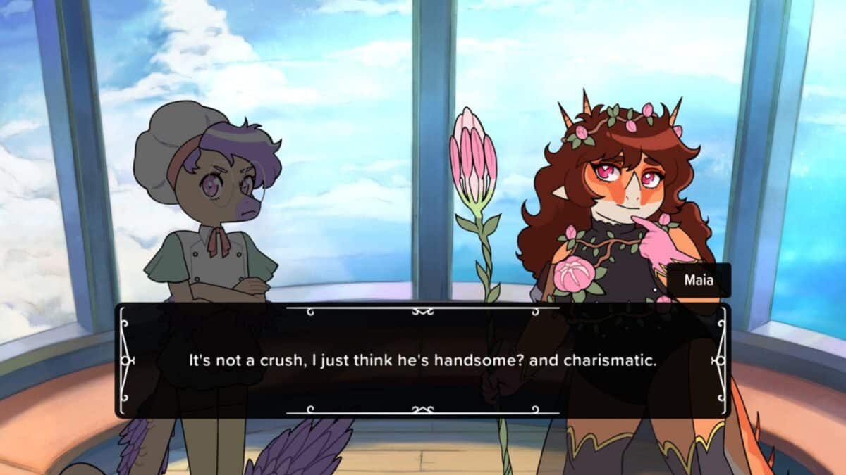 Two animated characters stand in a glass room; Maia holds a large flower and says, "It's not a crush, I just think he's handsome? and charismatic.