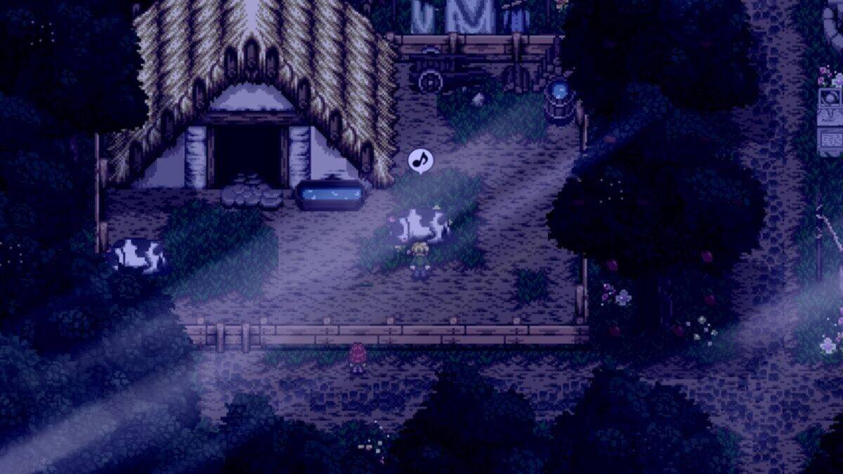 A pixel art scene shows a thatched-roof building at night, with two cows standing outside and a person nearby holding a tool. Moonlight partially illuminates the area.
