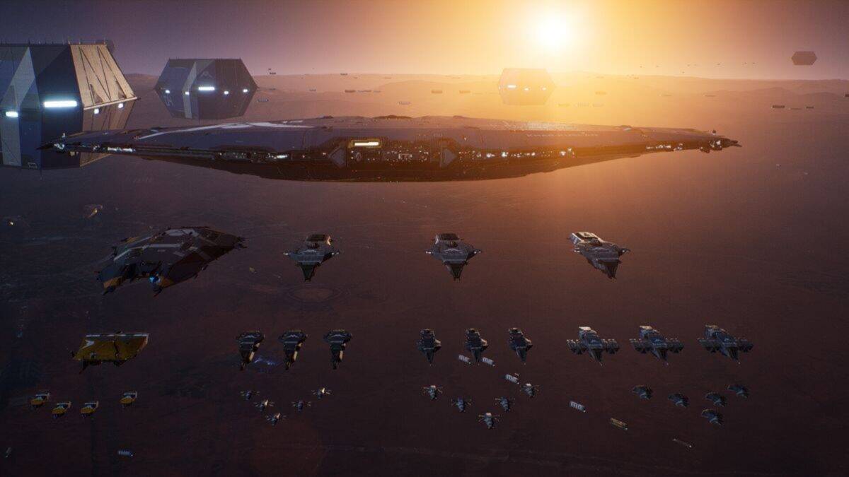 A large futuristic spaceship hovers above a planet’s surface at sunset, surrounded by smaller spacecraft and structures in the background.