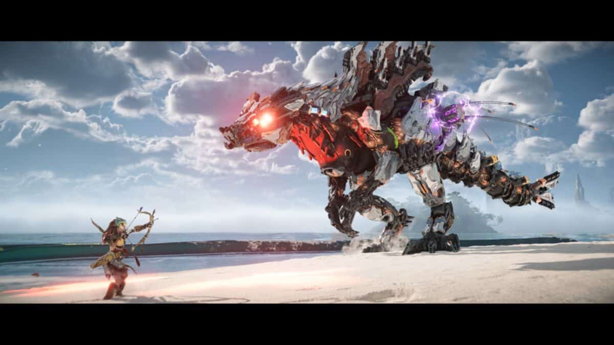 A person armed with a bow faces a large robotic dinosaur with glowing red eyes and purple energy on a sandy landscape under a partly cloudy sky.