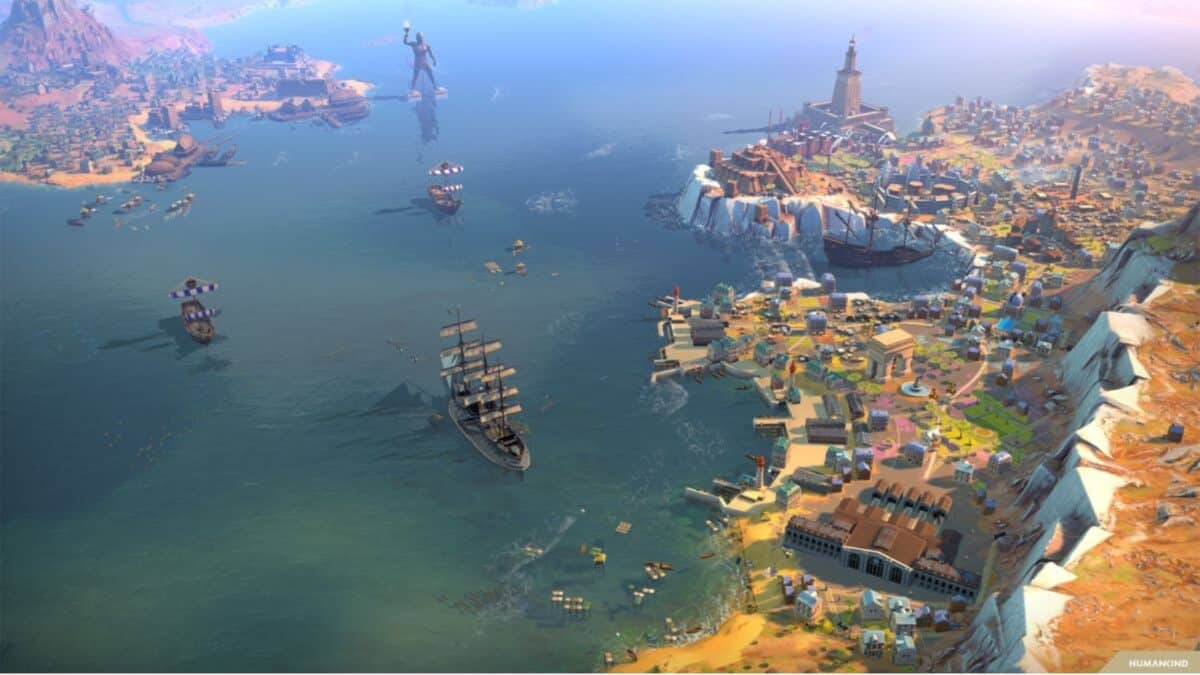 A coastal city with ships in the harbor, buildings along the shoreline, and a lighthouse on a cliff, viewed from above during daytime.