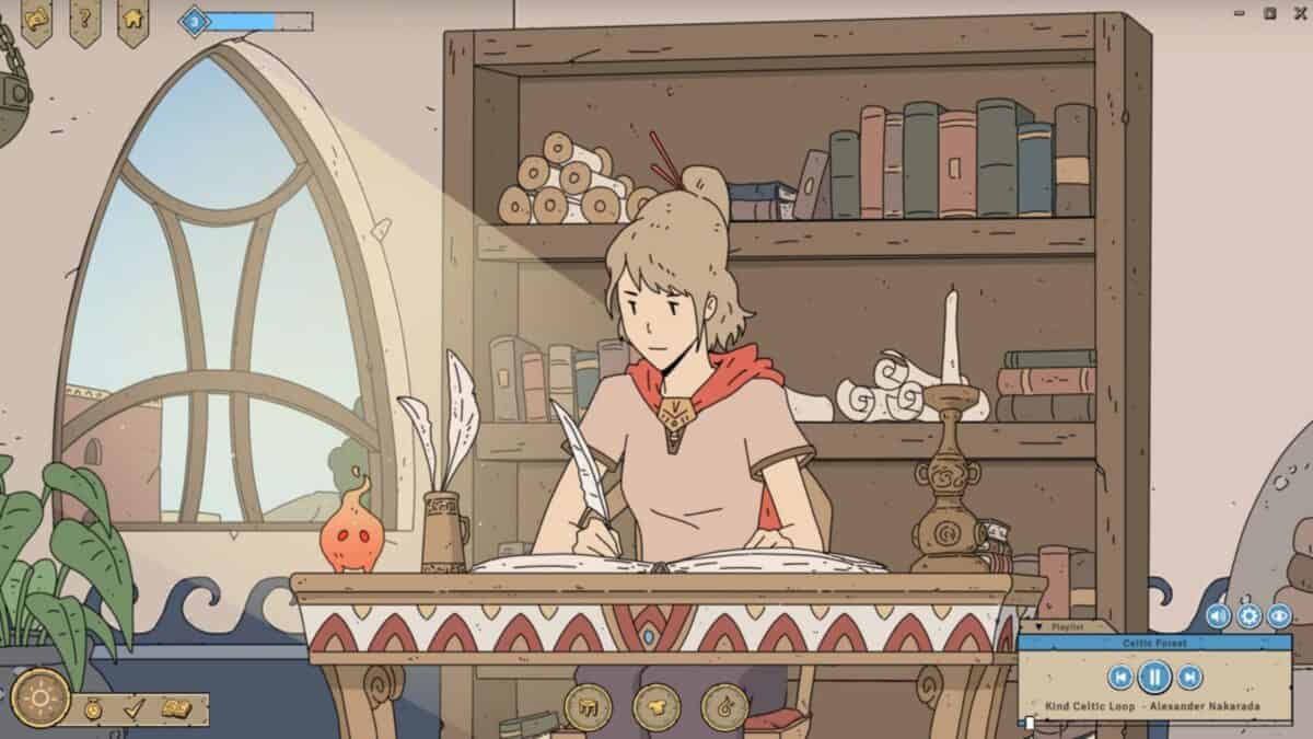 A person sits at a desk writing in a large book with a quill pen, surrounded by books, scrolls, and a candle in a sunlit, animated room.